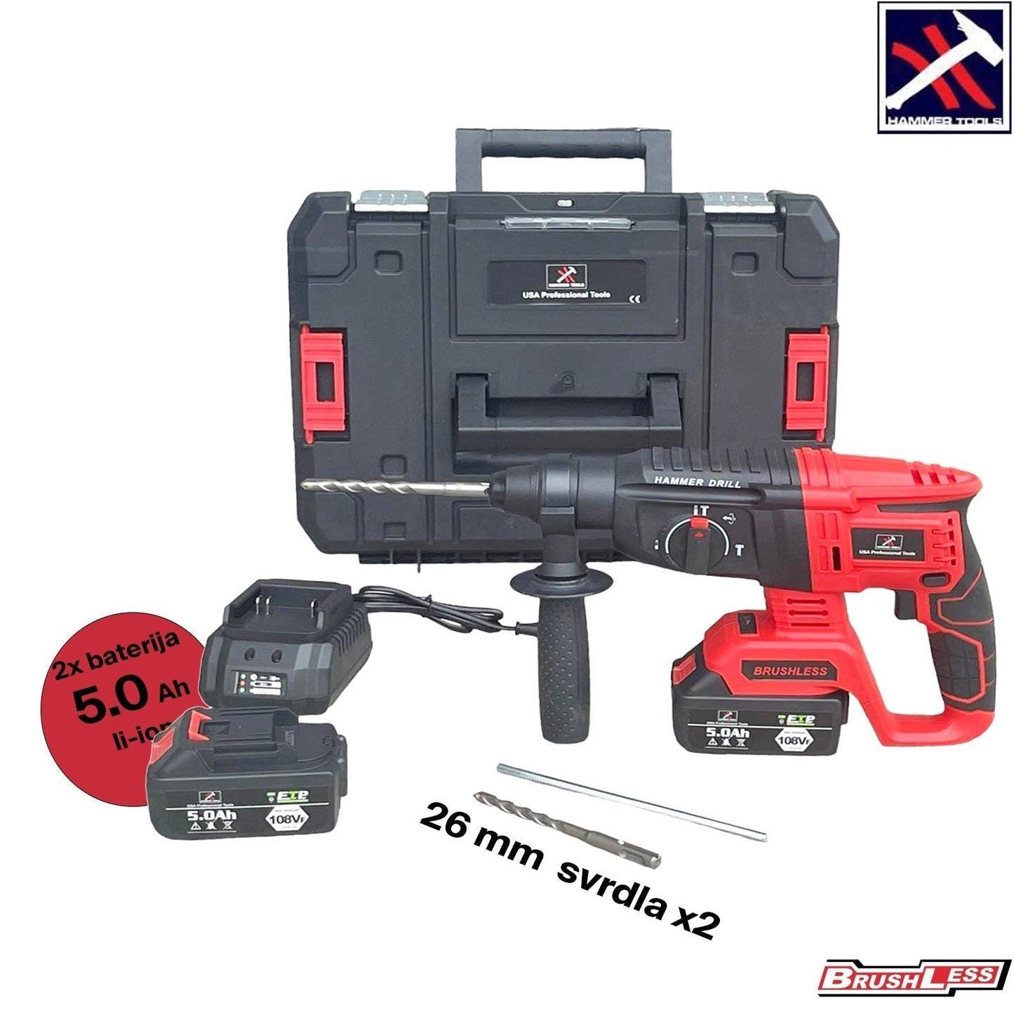 AKKUMULÁTOROS ÜTVEFÚRÓ 2x5.0Ah Li-ion AKKUMULÁTOR 26 mm BITEKKEL KALAPÁCS SZERSZÁMOKKAL