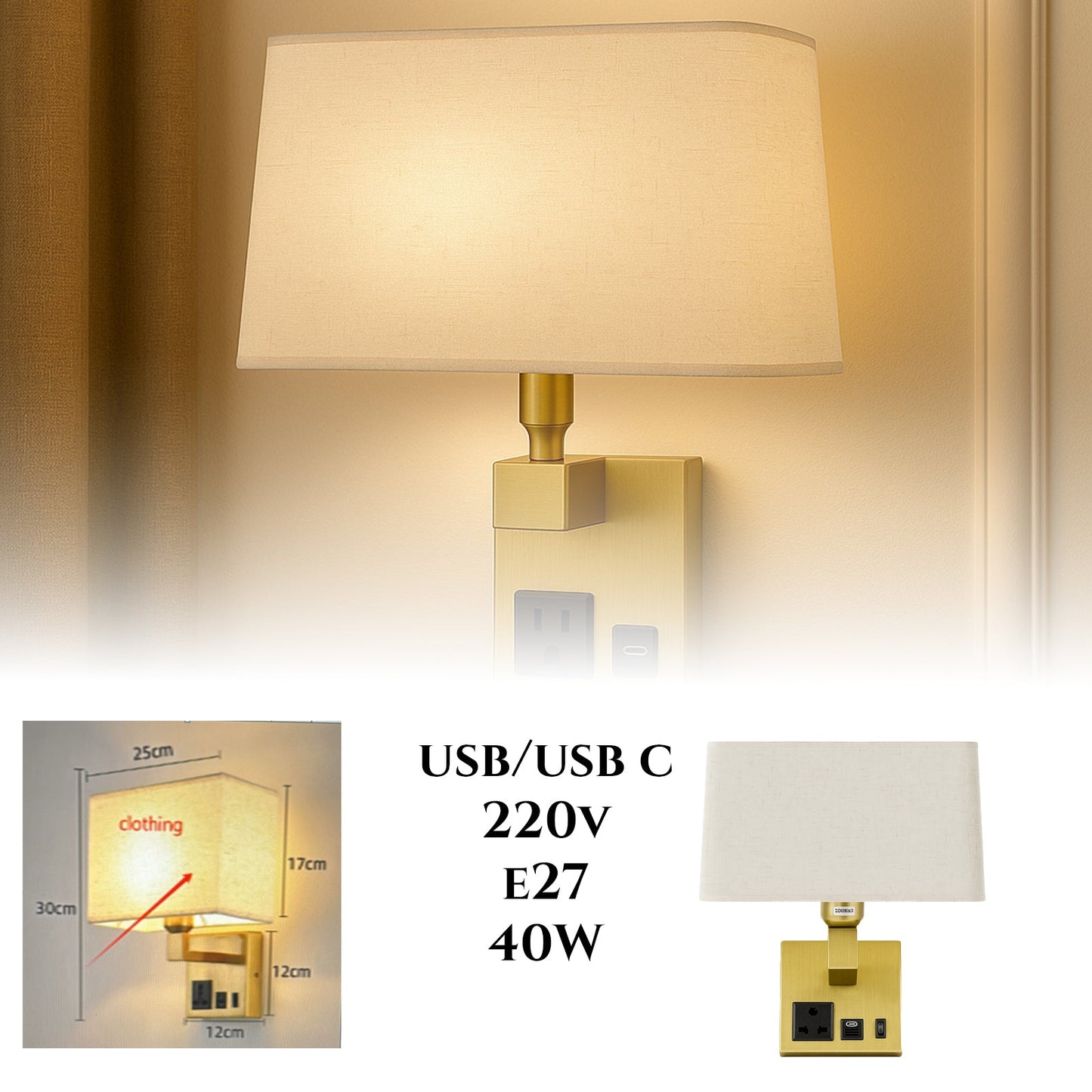 Fali lámpa beépített USB/USB-C töltéssel + konnektorral