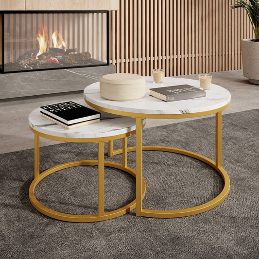 2 darabos modern dohányzóasztal készlet - márványlap és arany lábak