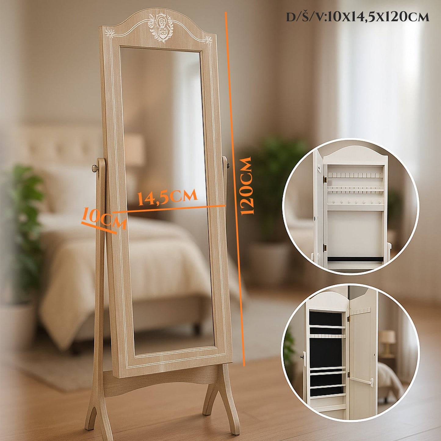 Elegáns álló tükör beépített ékszertartóval